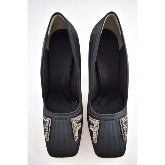 Fendi Freedom Black Embellished Crystal FF Logo Satin Square Toe Heel Pump 38 - Picture 7 of 12